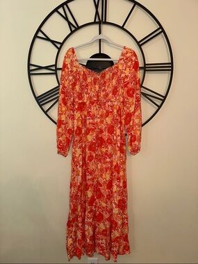Floral Pink-orange Long Sleeve Maxi Dress beach maxi dress boho floral